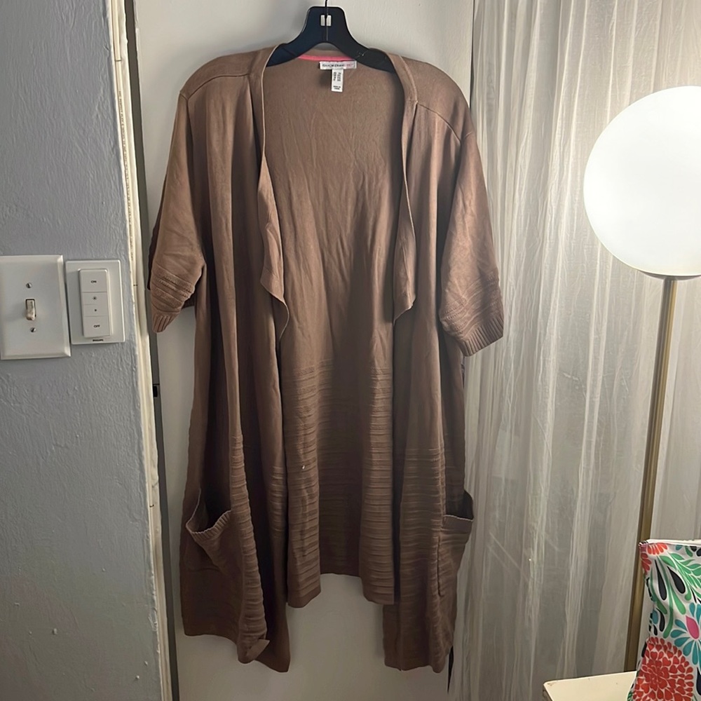 Isaac Mizrahi Live! Cascade-Front Sweater Cardigan mocha size 2x